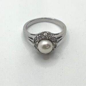 Silver Tone Real Pearl Halo Ring Size 7.5
